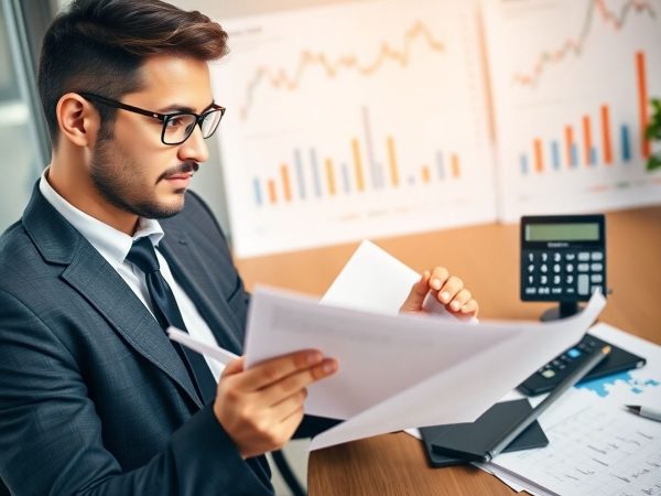 Persoană de afaceri analizând documente financiare.